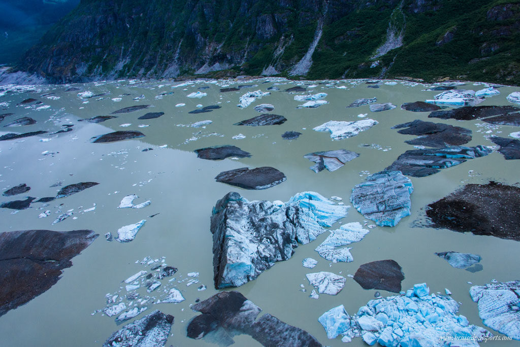 Flying over icebergs in a helicopter