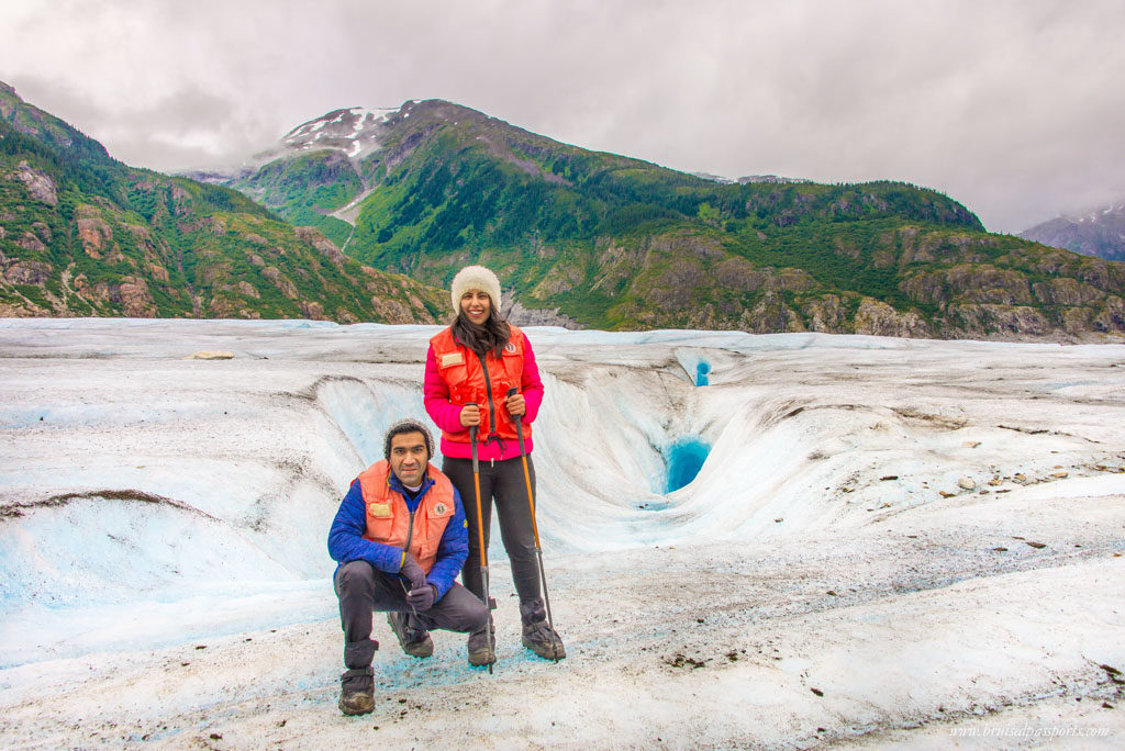 Couple Hiking the Meade Glacier in Alaska