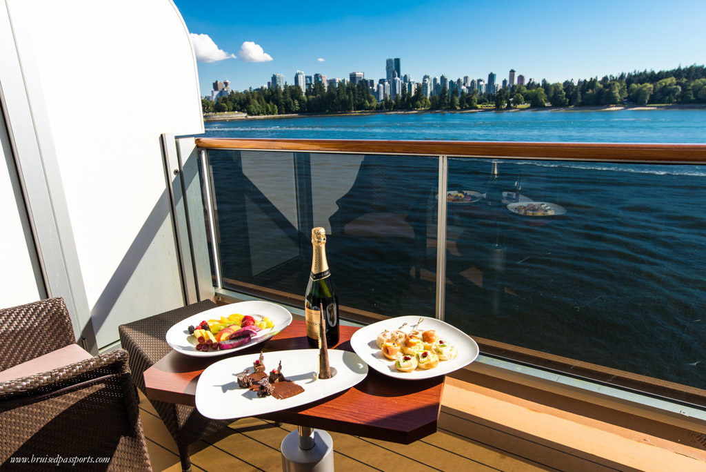 Welcome canapés and champagne while sailing away from Vancouver