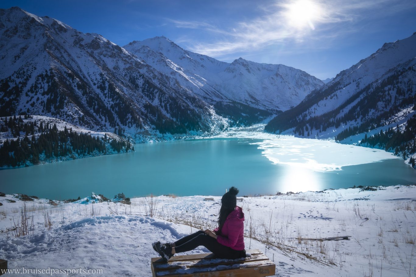 girl at big almaty lake in kazakhstan