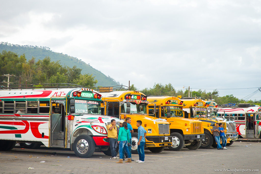 riding a chicken bus in Antigua Guatemala