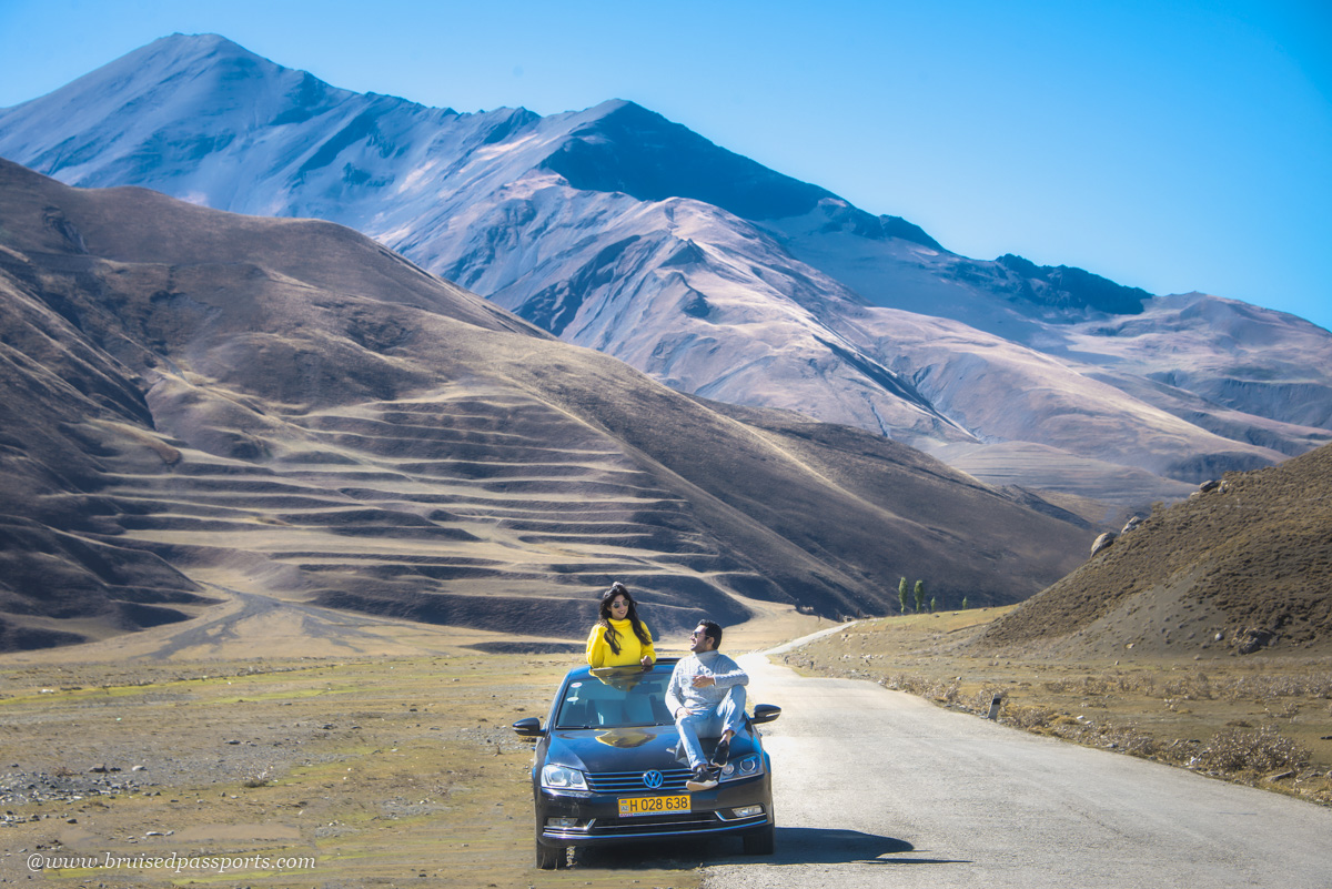 Couple on road trip in Azerbaijan