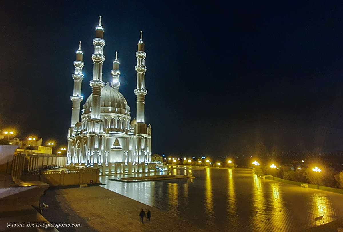 Night photography at Heydar mosque in Baku