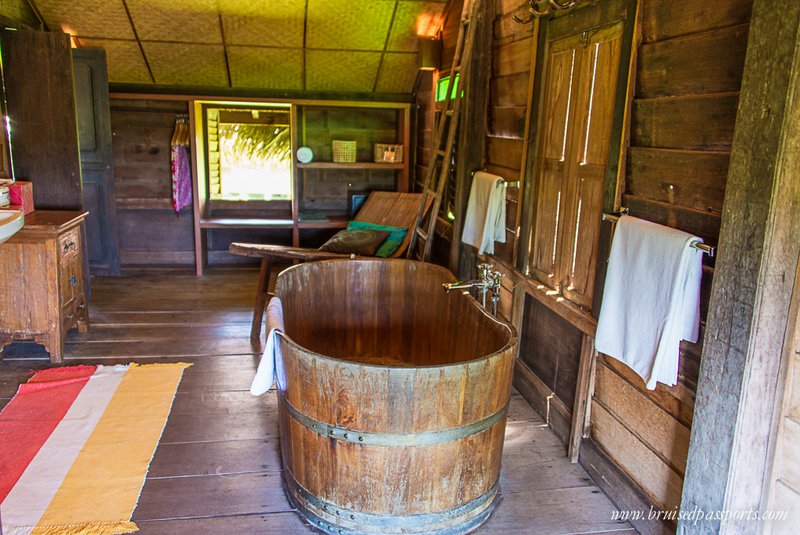 Rustic wooden bath tub at Bon Ton Resorts, Langkawi, Malaysia