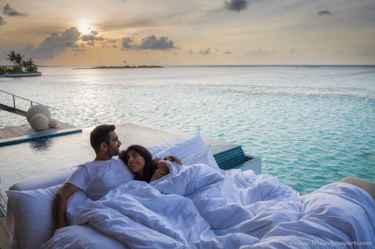 Sunrise at Club Med finolhu over water villas in Maldives