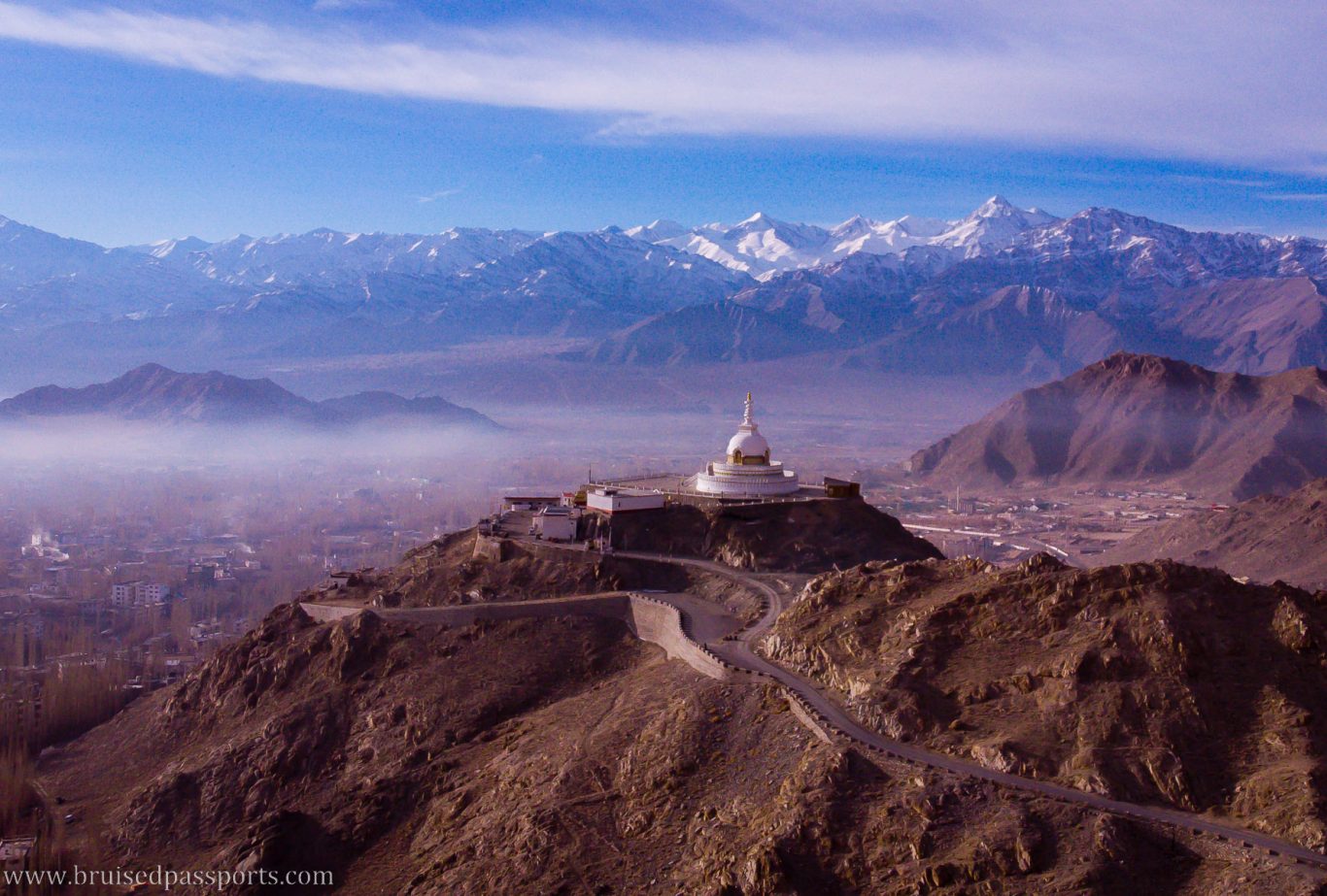 Drone aerial view of Shanti stupa Leh Ladakh