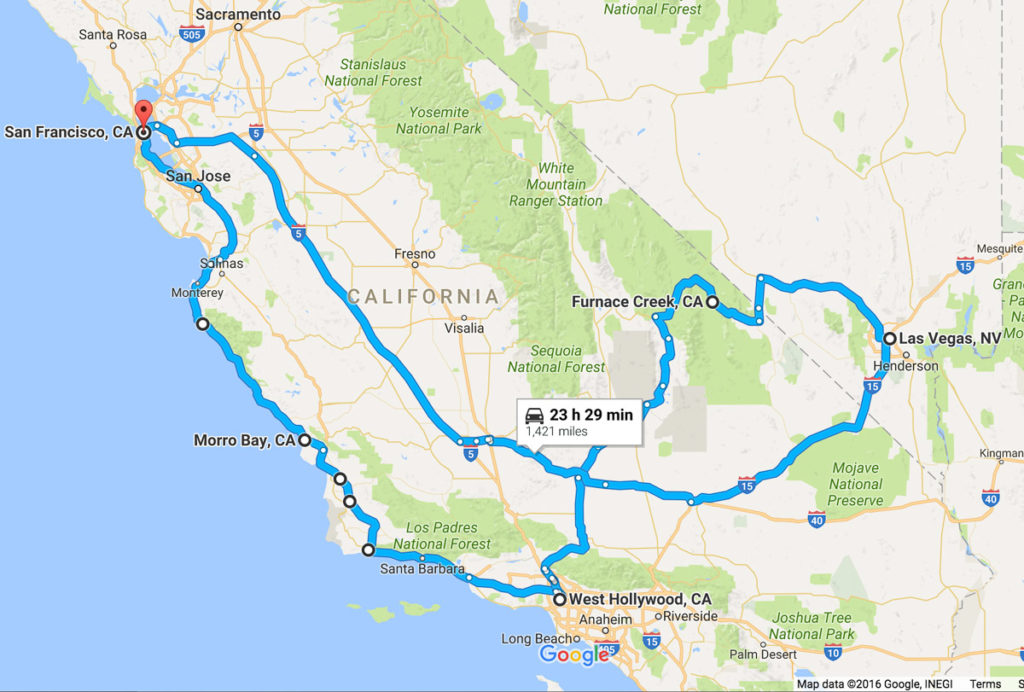 Map for road trip across California and Nevada