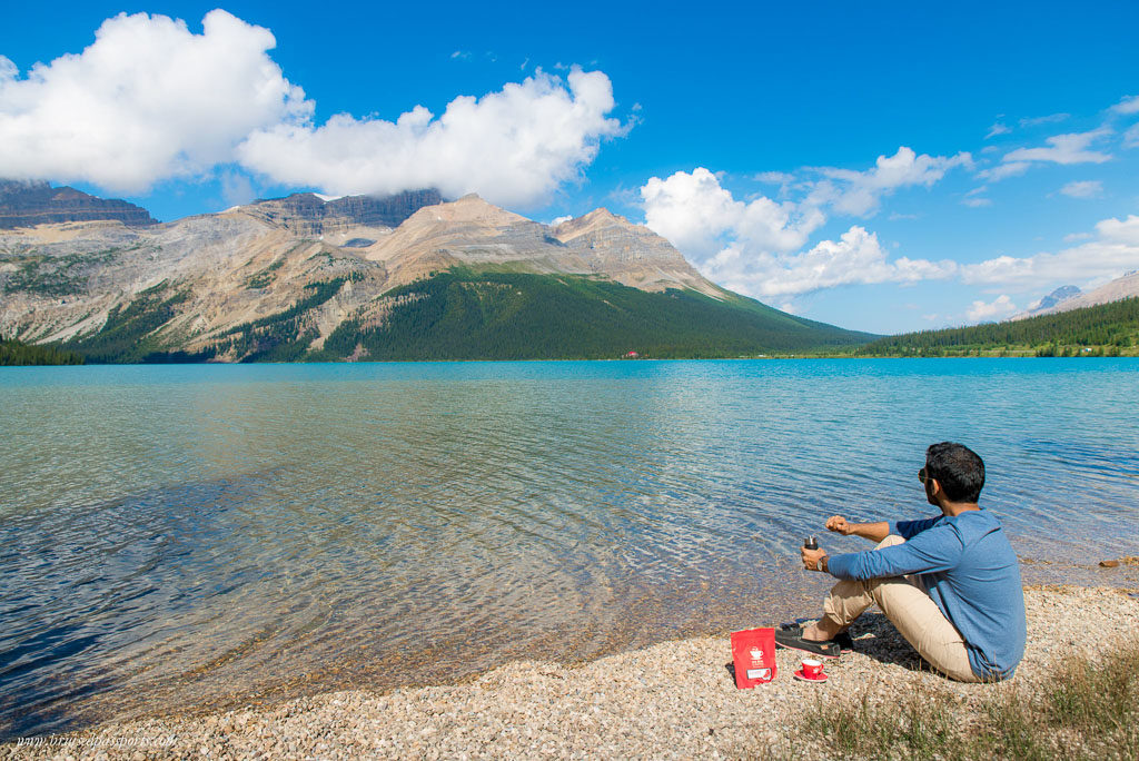 Vid enjoying his Hasbean coffee on the shores of Bow lake. Geek Alert :-)