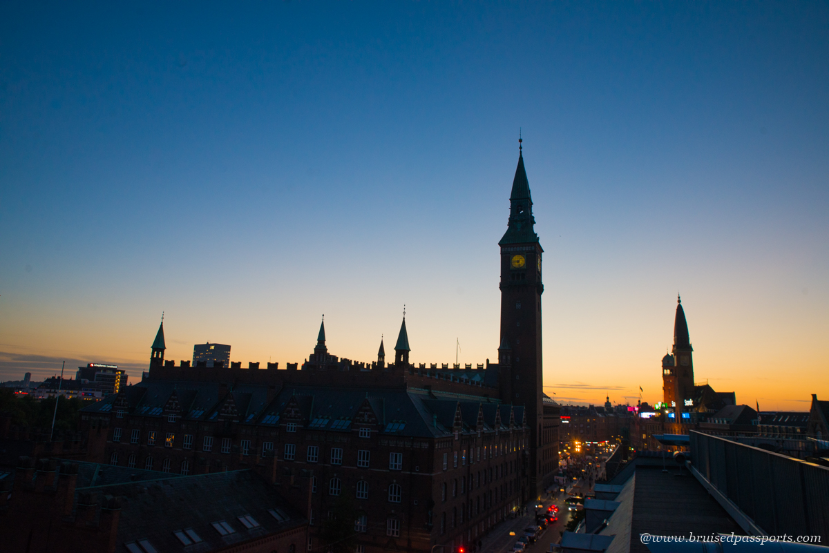 Sunset from rooftop bar at Hotel Danmark in Copenhagen