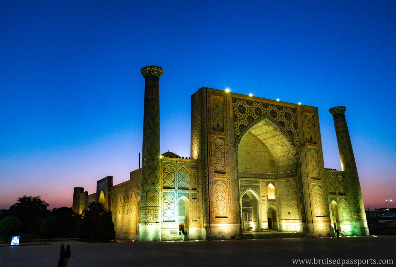 night / twilight photo of REgistan square in Samarkand Uzbekistan