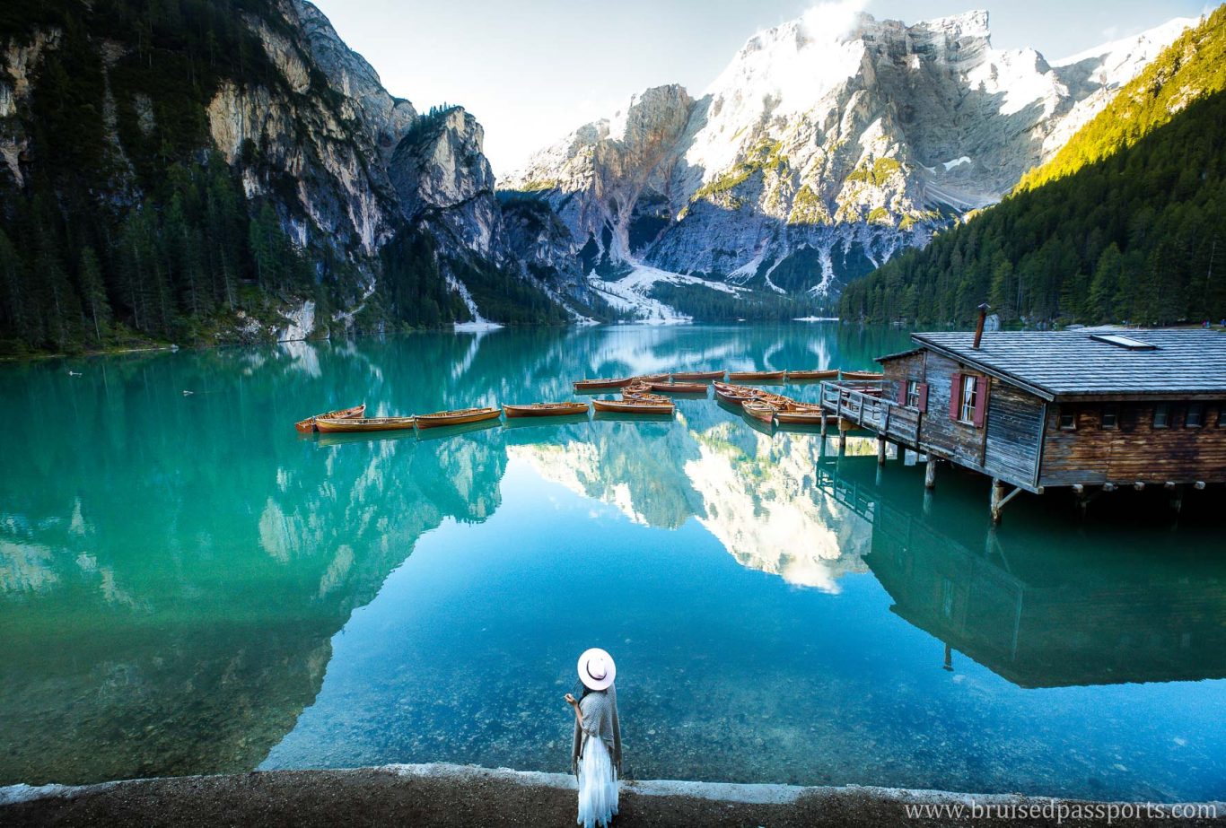 sunrise at Lago Di Braies in Dolomites Italy