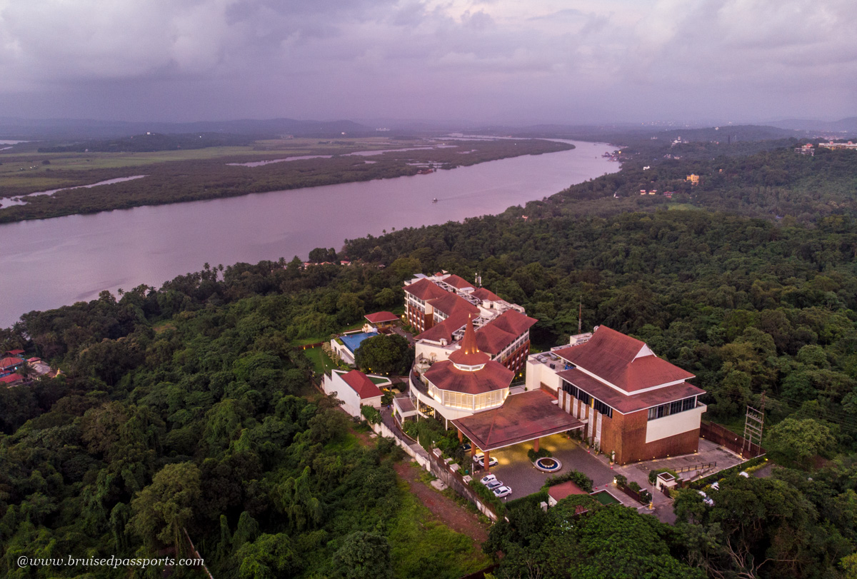 aerial view of Double Tree Hilton Goa with Mandovi river in background