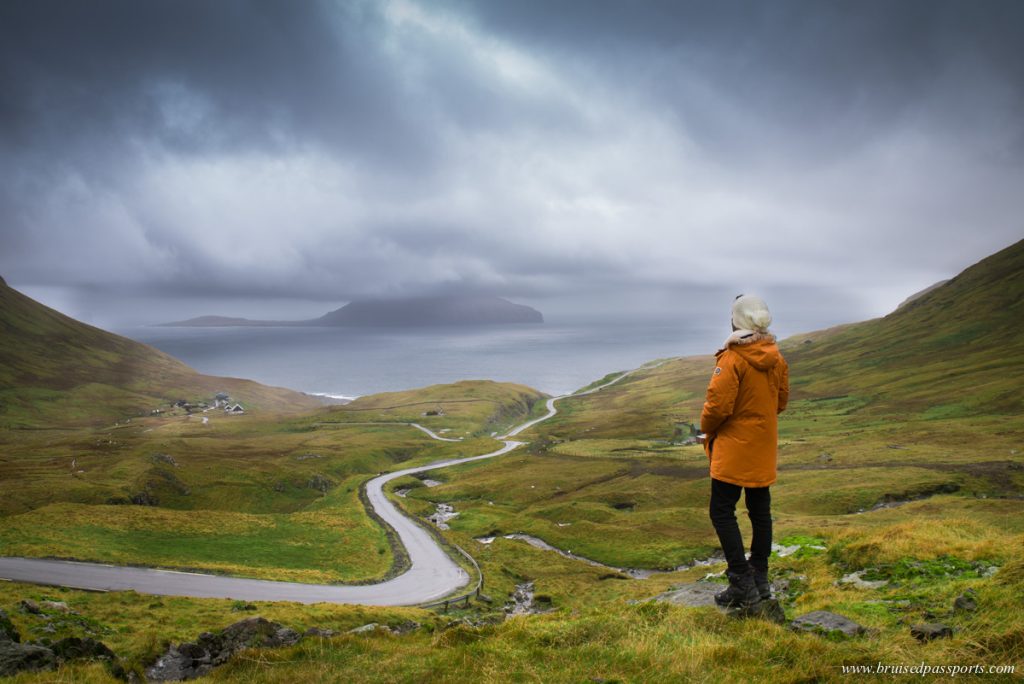 Nordadular village in Streymoy island (Faroe Islands) with criss cross road leading to it 