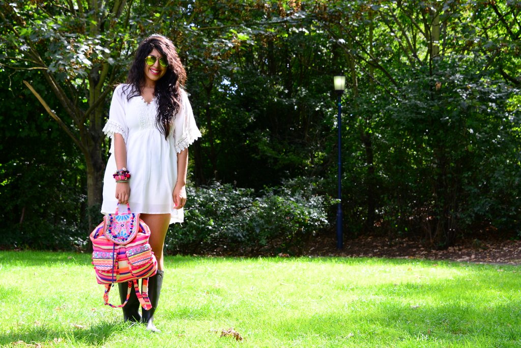 festival fashion white dress pom pom backpack