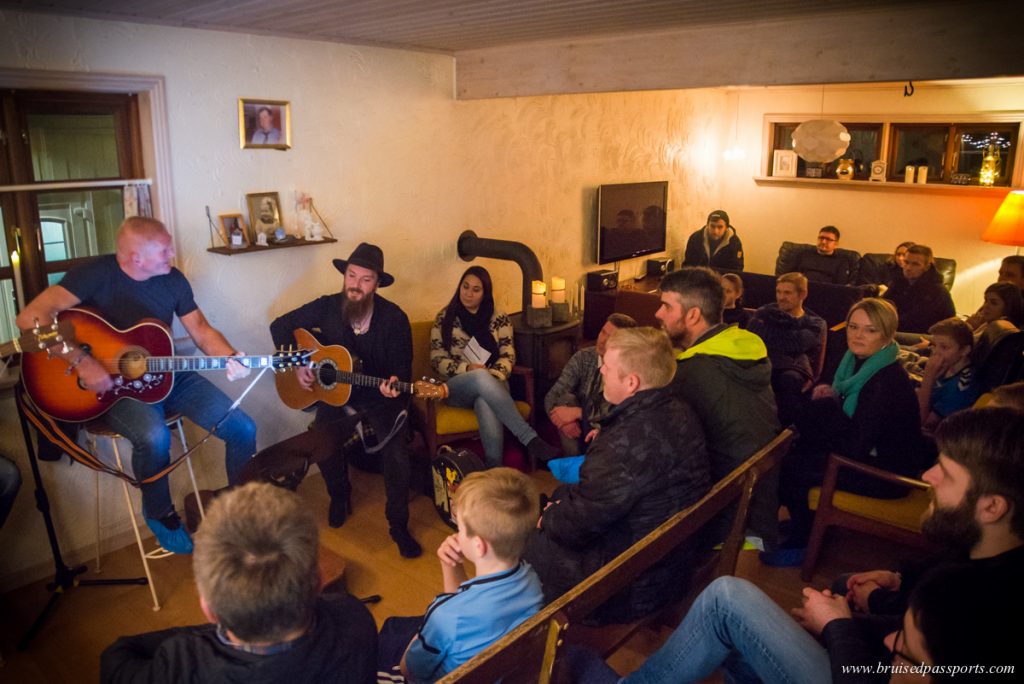 People gathered to watch musicians play at Hoyma Music Festival in Faroe Islands