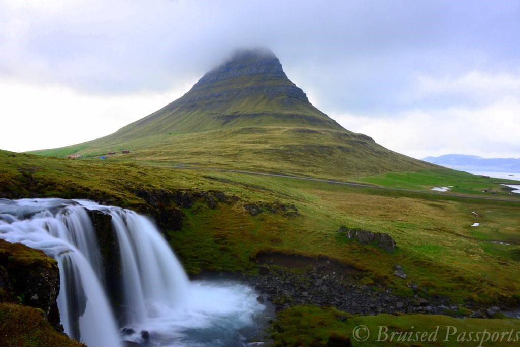 Tiny waterfall in front of Mt. Kirkjufell in Iceland