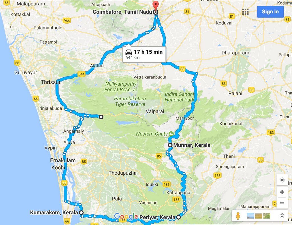 map for our road trip in Kerala