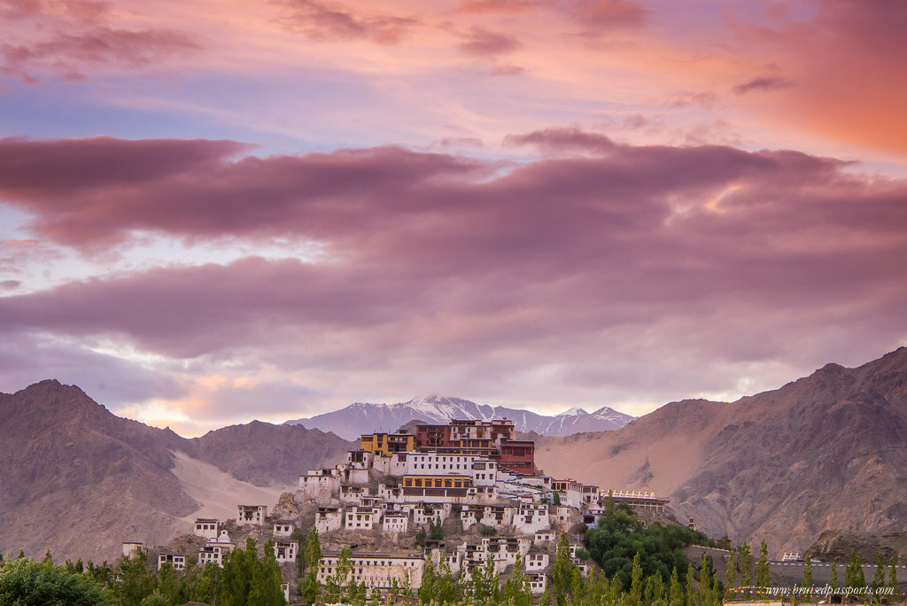 Thiksey Monastery at sunset on road trip in Ladakh