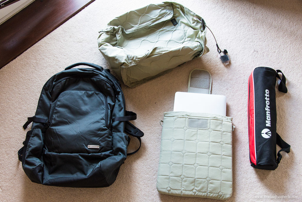 Our Pacsafe backpack and the slash-proof sleeve/compartment