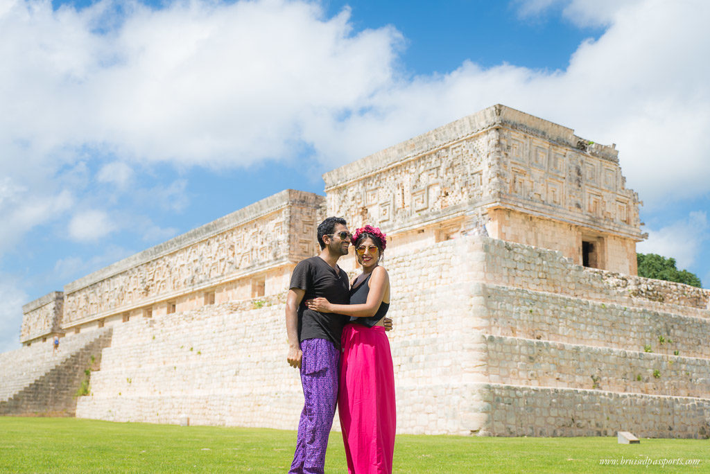 couple at empty ruins of Uxmal near Merida