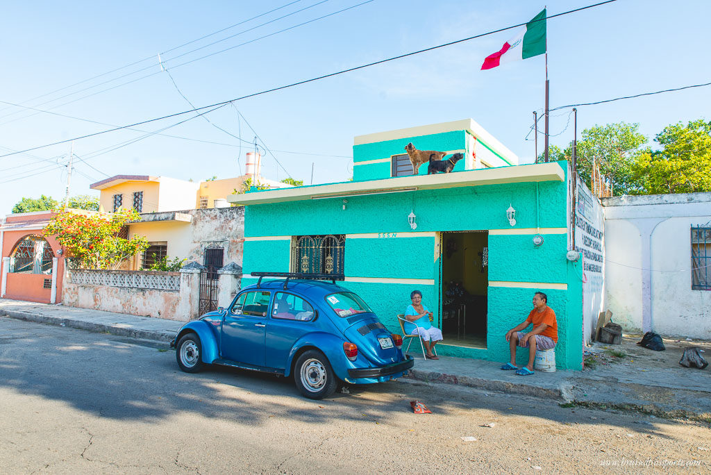 Beetle and coloured houses in Merida Mexico