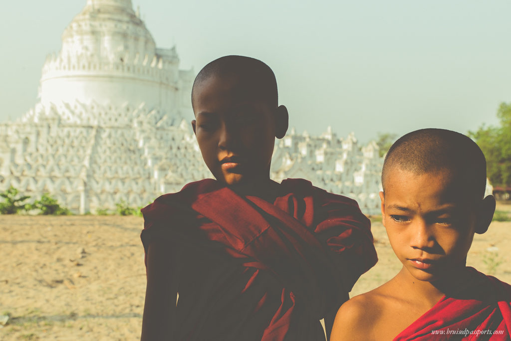 monks in Mingun planning a trip to Myanmar