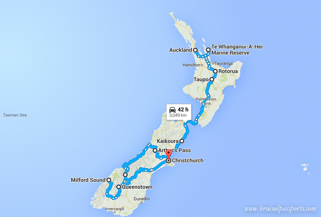 New Zealand road trip itinerary map