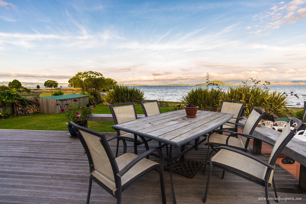 Patio overlooking the lake at Shula's Lodge, Rotorua