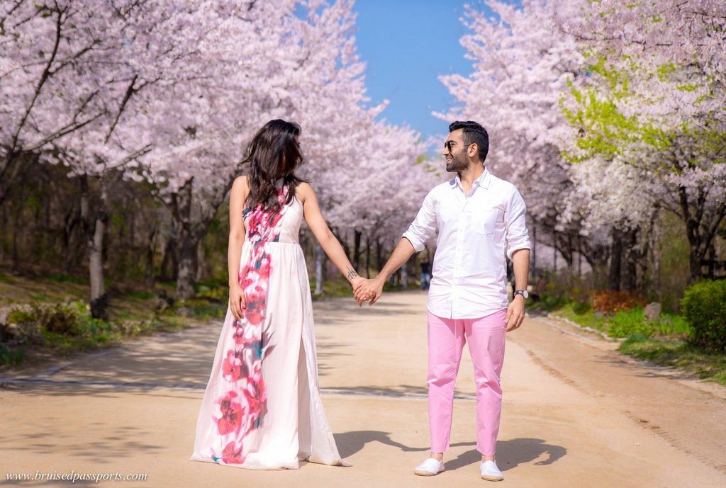 couple in seoul forest cherry blossoms