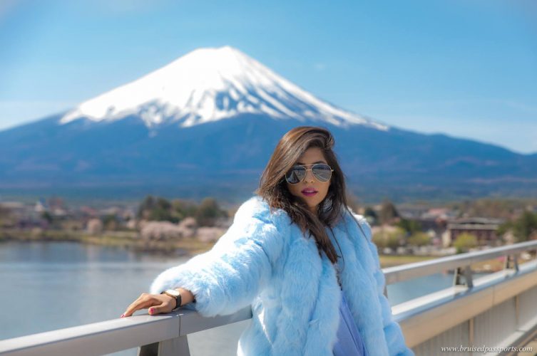 fur coat girl mt fuji cherry blossom season