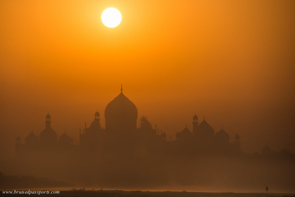 Sunrise at Taj Mahal from the river bed of Yamuna