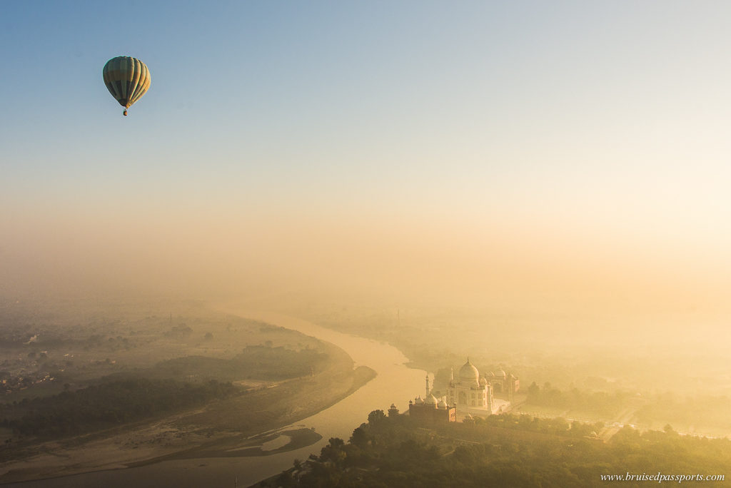 Hot air balloon ride over Taj Mahal and Yamuna river in Agra