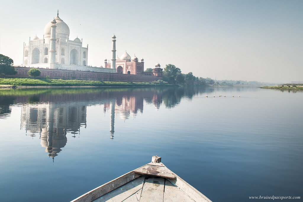 Reflection shot of Taj Mahal in waters of Yamuna river in Agra