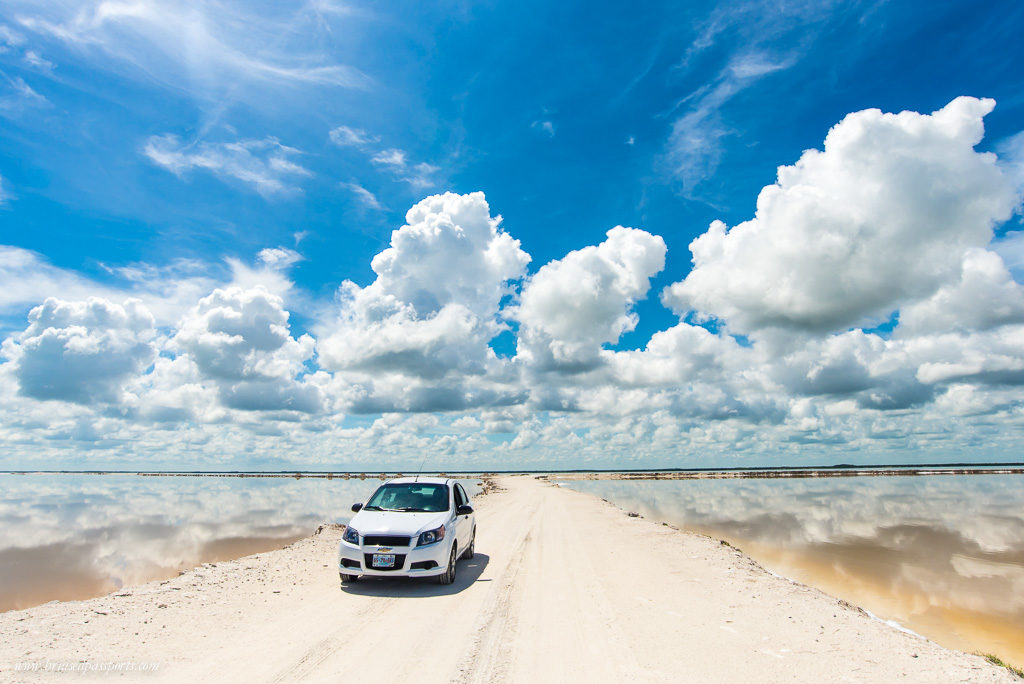 Clouds reflected in the coloured lakes at Las Coloradas in Yucatan 