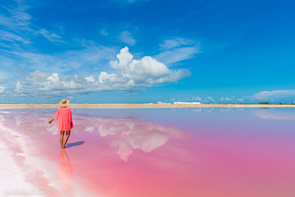 Pink lagoon in Las Coloradas in Yucatan peninsula Mexico