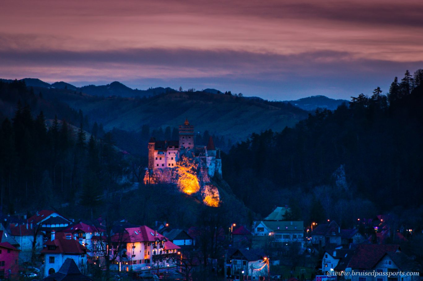 sunset at Bran castle - vantage view from Vila Bran