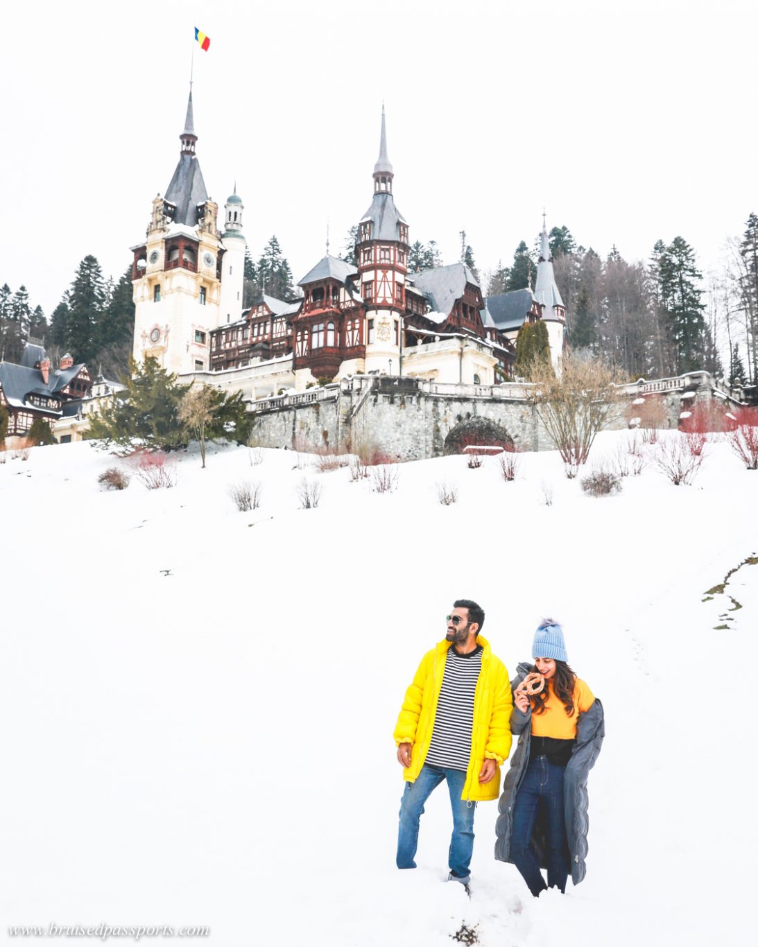 Couple at Peles castle in Romania