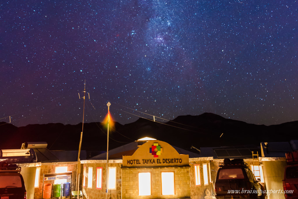 Milky way over hotel tayka del desierto in Bolivia