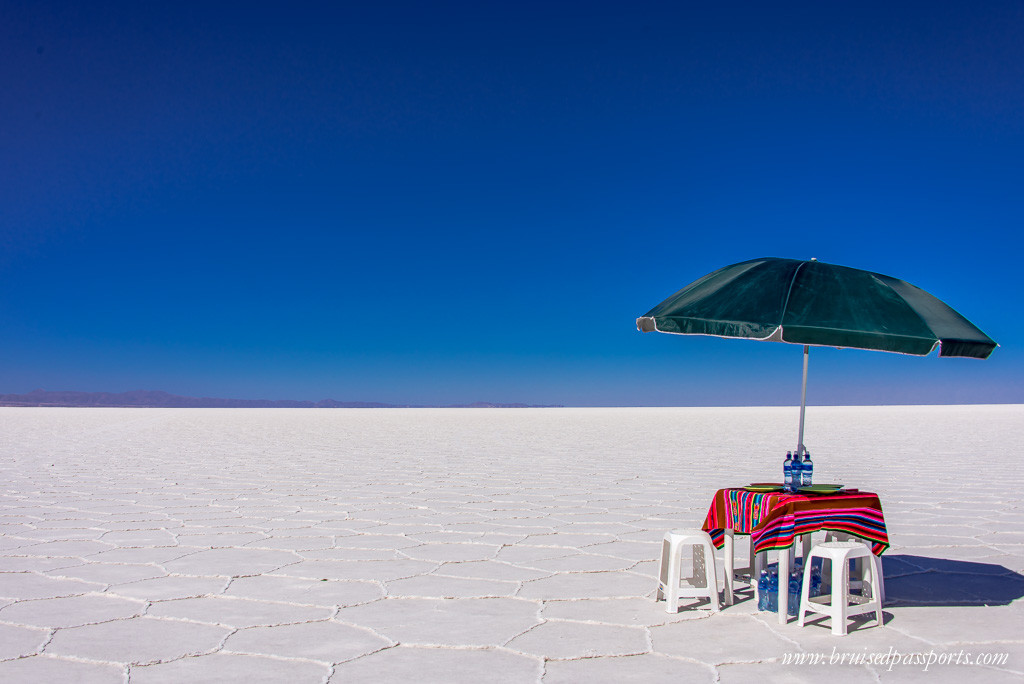 Lunch table in the middle of Salar De Uyuni Bolivia