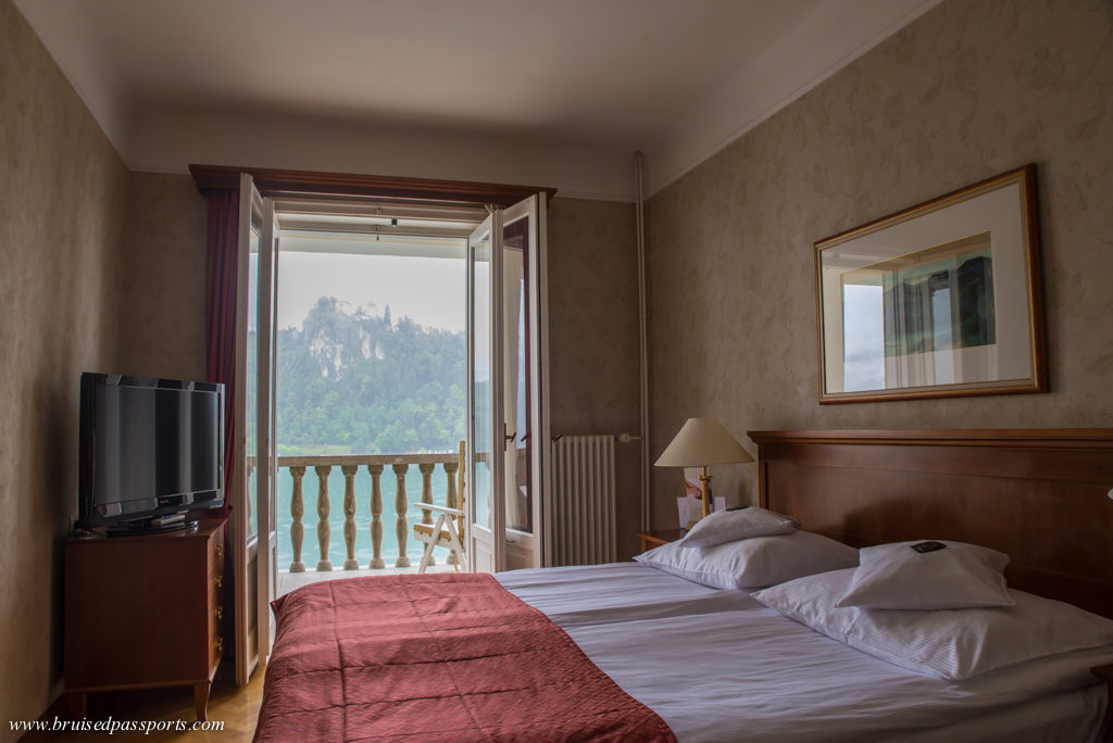 Grand Hotel Toplice bedroom overlooking Lake Bled in Slovenia