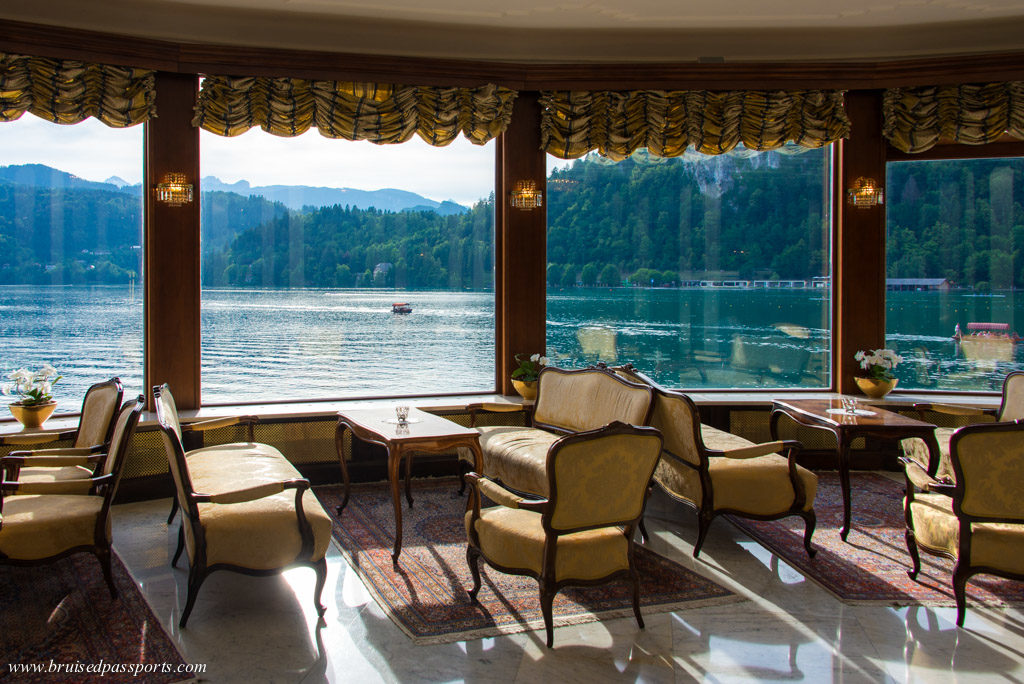 Grand Hotel Toplice lounge overlooking Lake Bled