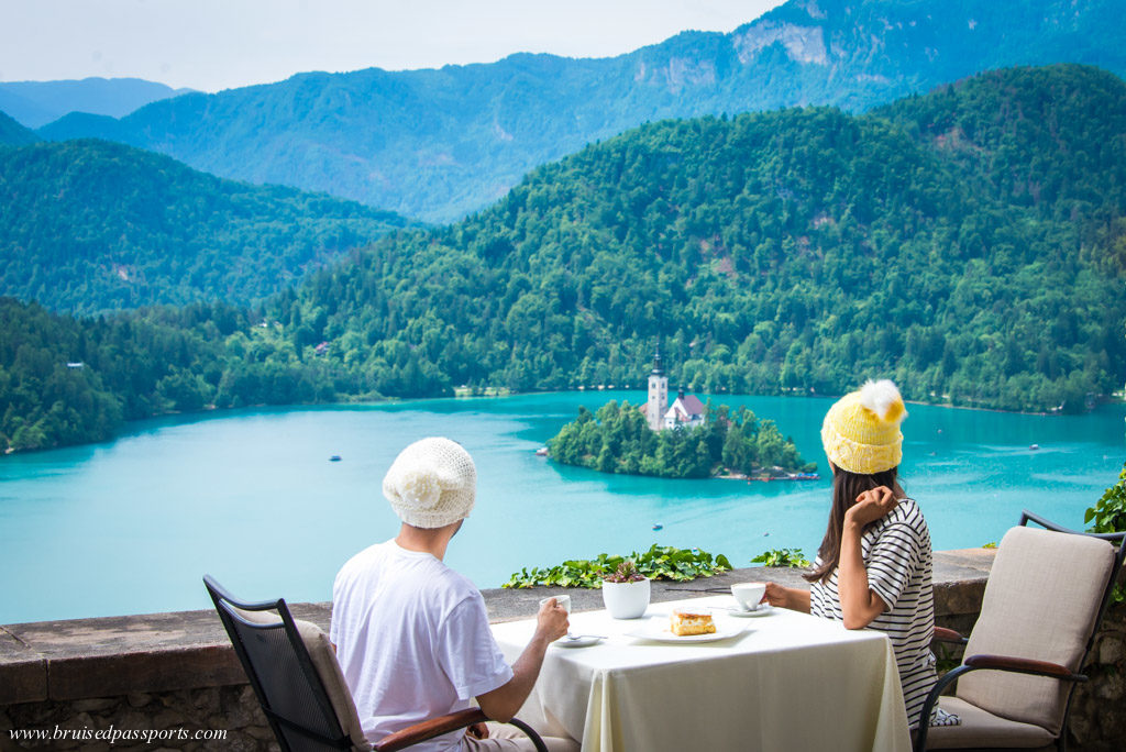 Bled cake at Bled Castle with a stunning view of Lake Bled