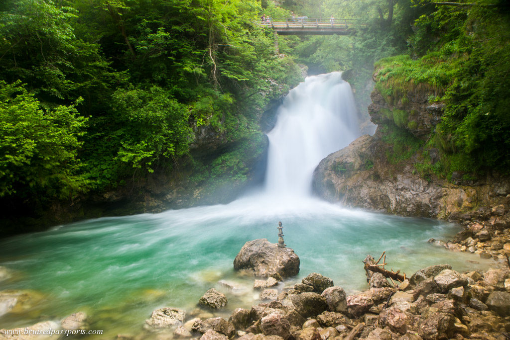 Waterfall at the end of Vintgar Gorge hike