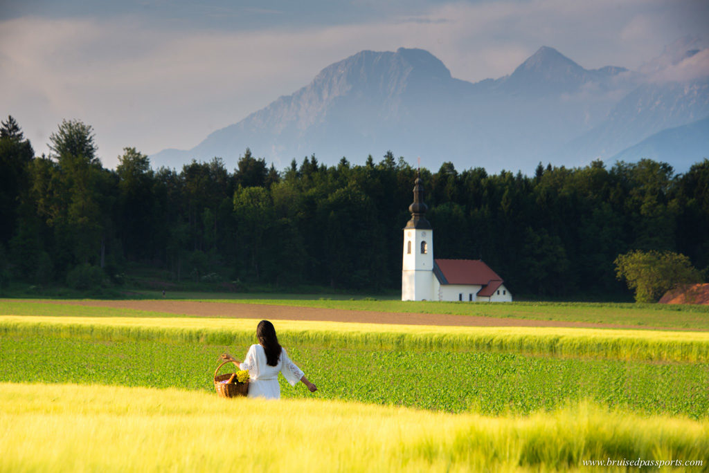 Girl picnicking in Hrase village near Ljubljana 