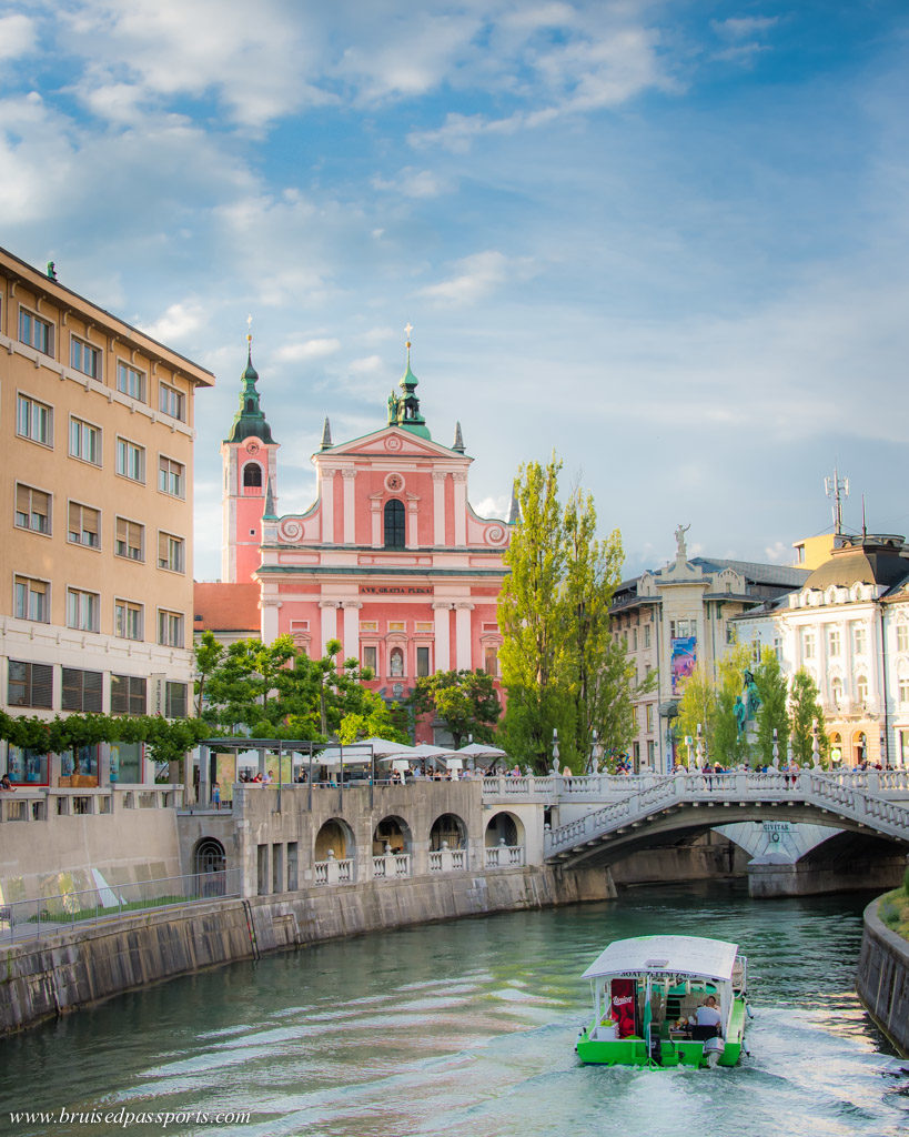 Ljubljana sunset river and boat