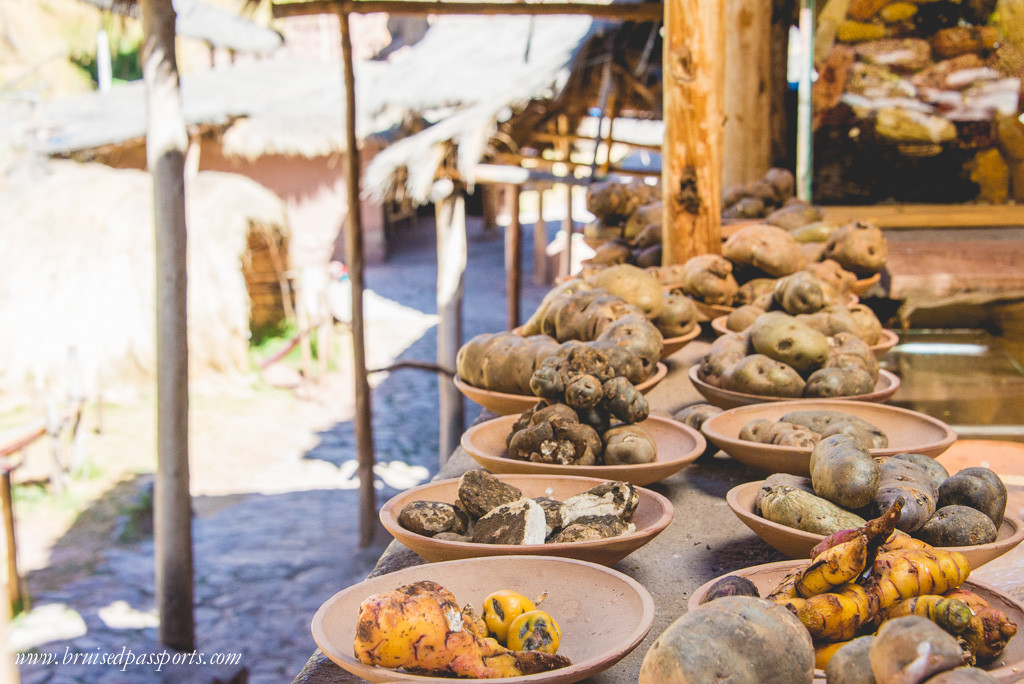 Different kinds of potatoes at a market stall in The Sacred Valley, Peru