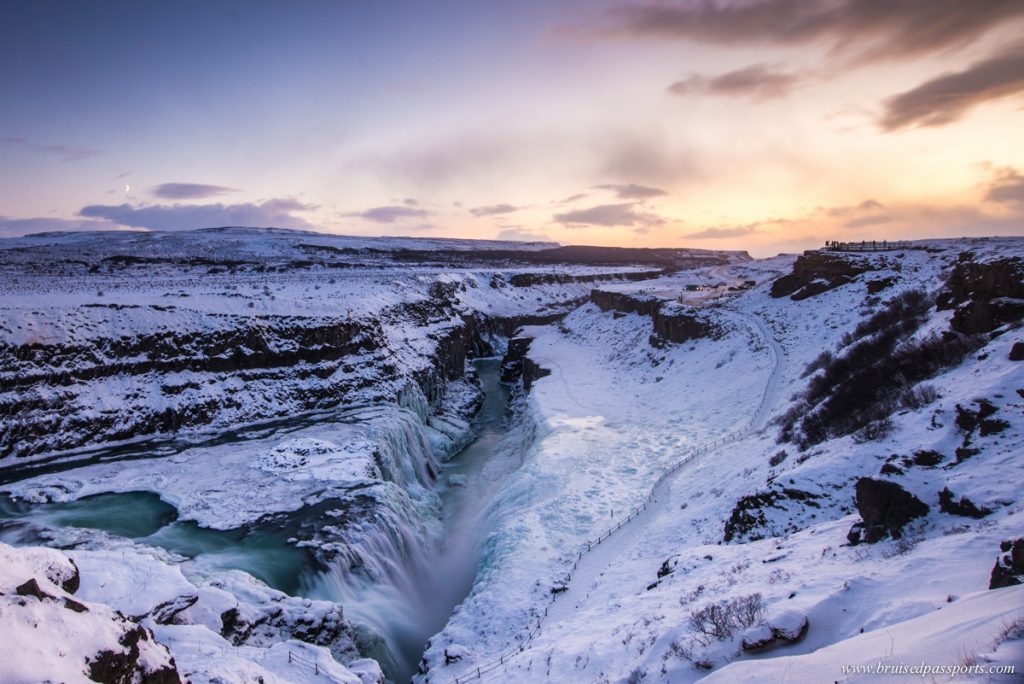 Frozen gulfoss waterfall at sunset in Iceland