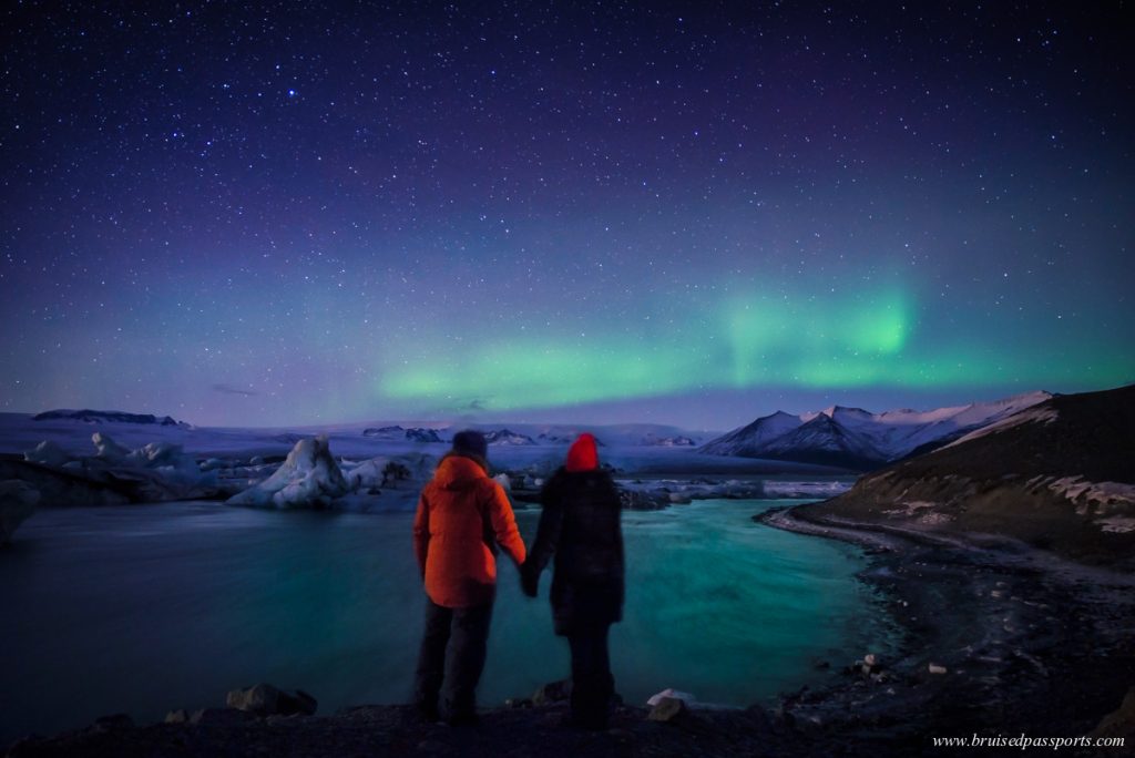 Northern Lights over Jokulsarlon glacier Lagoon in Iceland