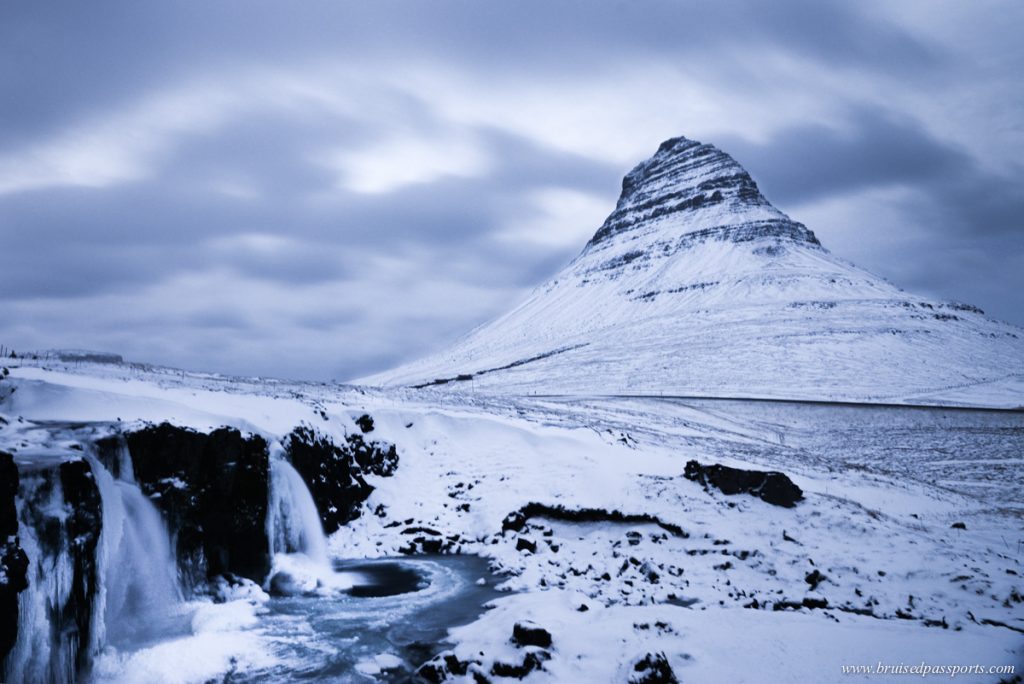 Mt. Kirkjufell covered in snow in winter